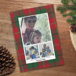 3 Foto Collage Season's Greeting red green plaid Feestdagenkaart<br><div class="desc">Gebruik 3 afbeeldingen en maak een unieke en trendy groet van de Vakantie met een trendy patroonpatroon op de rug. Als u om het even wat rond moet bewegen, klik op de aanpassingsknoop om veranderingen aan te brengen. Het achterontwerp bevat een kerstvlekpatroon in roerrood en groen voor een klassieke look....</div>