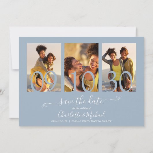 3 Foto Collage Signature Script Dusty Blue Save The Date (Voorkant)