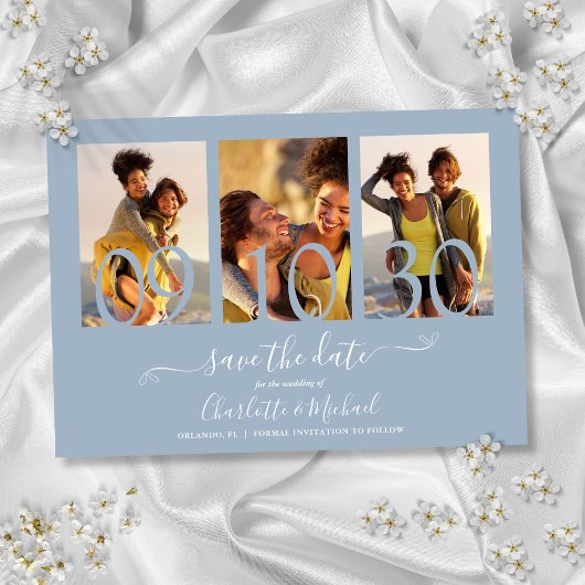 3 Foto Collage Signature Script Dusty Blue Save The Date