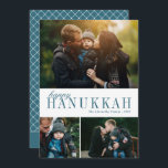 3 Foto Collage Simple Modern Blauwgroen Hanukkah F Feestdagenkaart<br><div class="desc">Deze prachtige drie foto-collage Hanukkah-kaart bevat eenvoudige,  elegante tekst in blauwgroen blauw groen boven een witte achtergrond. De achterkant van de kaart bevat een modern geometrisch diamantpatroon. Voor ontwerp of productvragen,  te contacteren gelieve me (Tracey) in orabellaprints@outlook.com.</div>