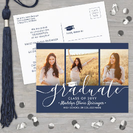 3 Foto Collage Simple Navy Blue White Afstuderen Aankondigingskaart