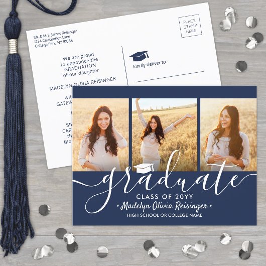 3 Foto Collage Simple Navy Blue White Afstuderen Aankondigingskaart