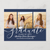 3 Foto Collage Simple Navy Blue White Afstuderen Aankondigingskaart (Voorkant)