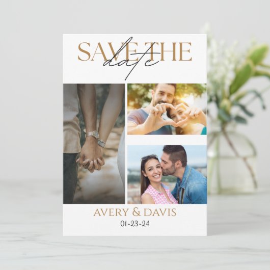 3 Foto Collage Trouw Save The Date Uitnodiging (Staand voorkant)