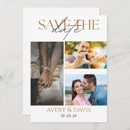 3 Foto Collage Trouw Save The Date Uitnodiging (Voorkant / Achterkant)