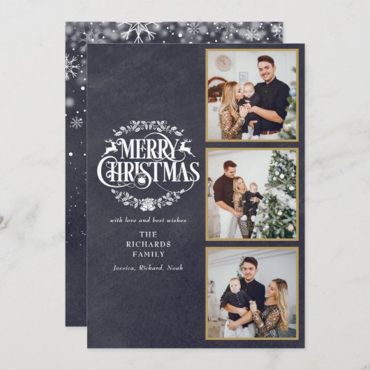 3 foto collage vrolijk kerstfeest schoolbord feestdagenkaart (Voorkant / Achterkant)