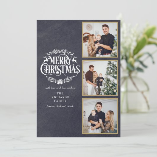 3 foto collage vrolijk kerstfeest schoolbord feestdagenkaart (Staand voorkant)