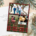 3 foto collage Vrolijk kerstscript plaid Feestdagenkaart<br><div class="desc">Elegante stijlvolle Merry Christmas faux gouden klassieke kalligrafie script drie vierkante familie foto's rustieke rode groene plaid tartan vakantie kaart met uw aangepaste gepersonaliseerde tekst aan beide zijden.</div>
