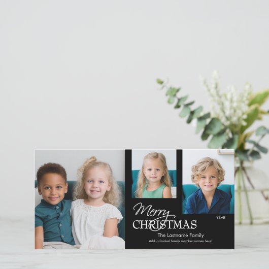3 Foto-collage - Vrolijk kerstzwart & wit Feestdagenkaart (Staand voorkant)