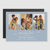 3 Foto Collage Wedding Save the Date Dusty Blue Magnetische Uitnodiging (Voorkant / Achterkant)