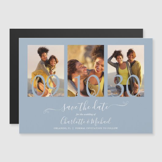 3 Foto Collage Wedding Save the Date Dusty Blue Magnetische Uitnodiging (Voorkant / Achterkant)