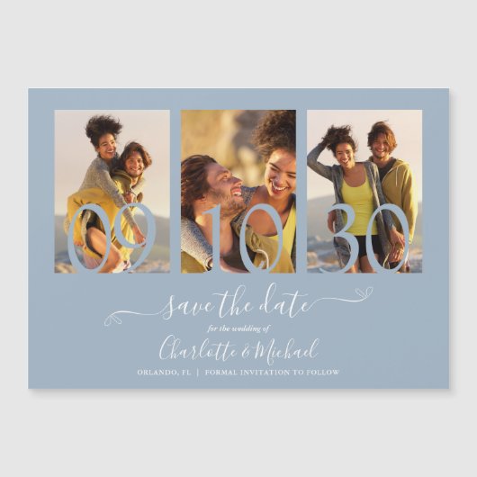 3 Foto Collage Wedding Save the Date Dusty Blue Magnetische Uitnodiging (Voorkant)
