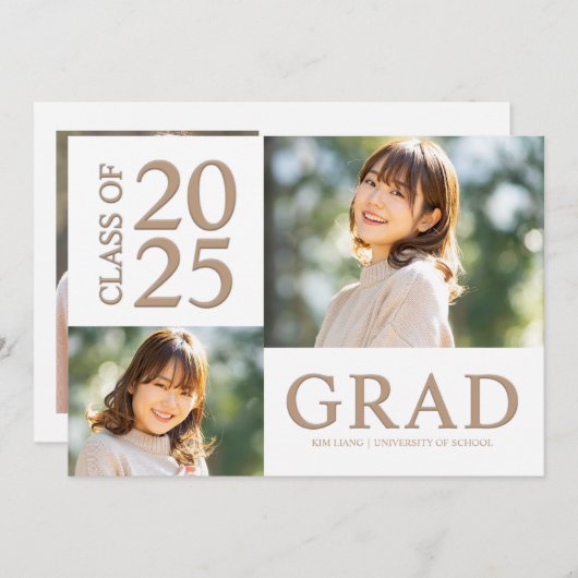 3 Foto Collage Wit & Beige Afstudeerfeest Kaart (Voorkant / Achterkant)