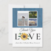 3 Foto collage Zonnebloem Stofblauw Houten Bruilof Bedankkaart (Voorkant)