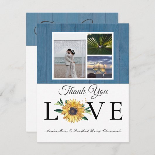 3 Foto collage Zonnebloem Stofblauw Houten Bruilof Bedankkaart (Voorkant / Achterkant)