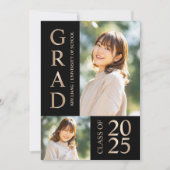 3 Foto Collage Zwart & Beige Afstudeerfeest Kaart (Voorkant)