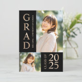 3 Foto Collage Zwart & Beige Afstudeerfeest Kaart (Staand voorkant)