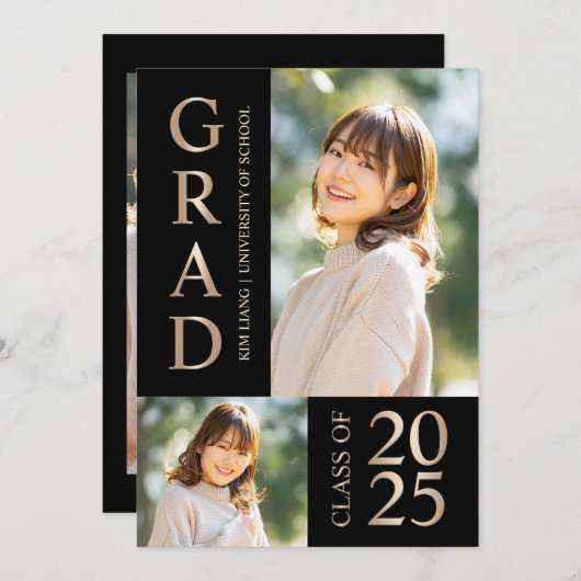 3 Foto Collage Zwart & Beige Afstudeerfeest Kaart (Voorkant / Achterkant)