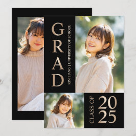 3 Foto Collage Zwart & Beige Afstudeerfeest Kaart