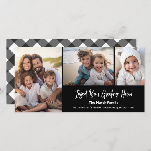 3 foto collage - Zwart-Wit Buffalo Plaid Feestdagenkaart (Voorkant / Achterkant)