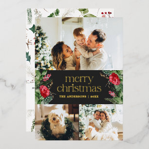 3 foto donkergrijs winter botanische vrolijke kers folie feestdagenkaart