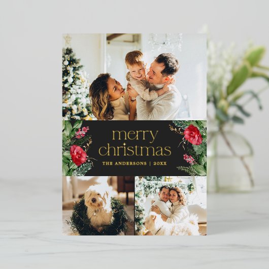 3 foto donkergrijs winter botanische vrolijke kers folie feestdagenkaart (Staand Voorkant)