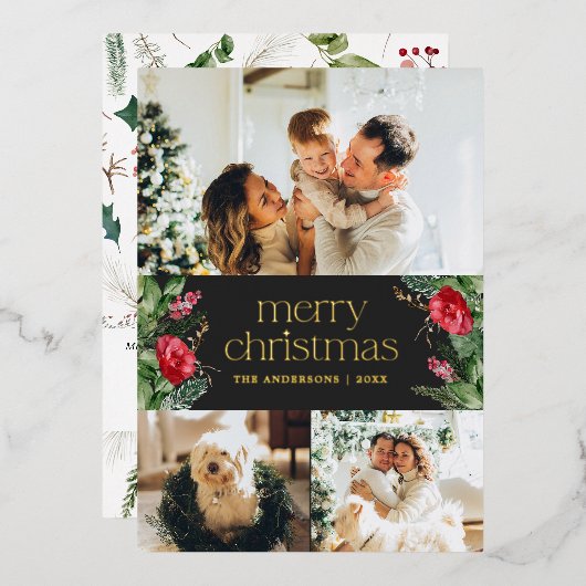 3 foto donkergrijs winter botanische vrolijke kers folie feestdagenkaart (Voorkant / Achterkant)