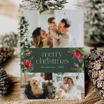 3 foto donkergroene botanische vrolijke kerst Kaar Feestdagenkaart<br><div class="desc">Dit collectie is voorzien van waterverf rode bloemen,  bessen & wintergroen met een moderne en elegante typografie,  met een winterbotanische patroonrug.</div>