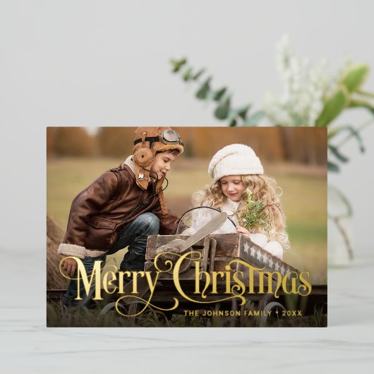 3 FOTO Eenvoudig Elegant Sparkle-kerstGold Folie Feestdagenkaart (Staand Voorkant)