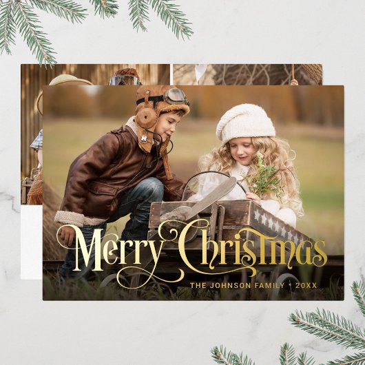 3 FOTO Eenvoudig Elegant Sparkle-kerstGold Folie Feestdagenkaart