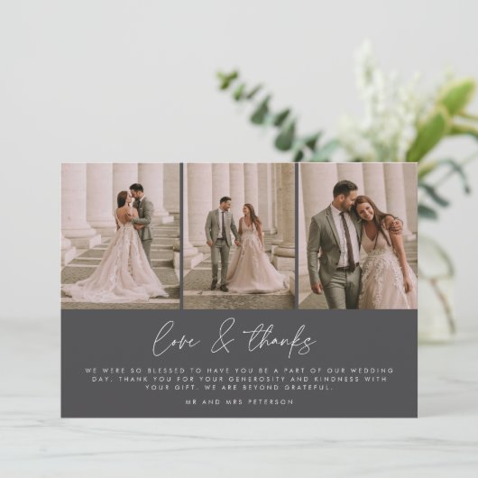 3 Foto Eenvoudig Script Wedding Dank u kaart (Staand voorkant)