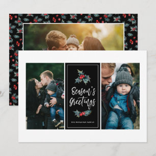 3 foto Elegant geschilderd Holly Groeten Zwart Feestdagenkaart