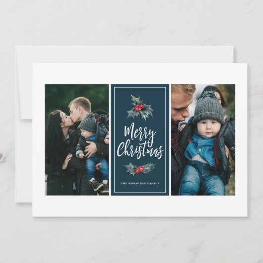 3 foto Elegant geschilderd Holly | Kerstblauw Feestdagenkaart (Voorkant)