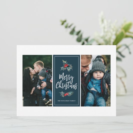 3 foto Elegant geschilderd Holly | Kerstblauw Feestdagenkaart (Staand voorkant)
