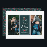 3 foto Elegant geschilderd Holly | Peace Love Gree Feestdagenkaart<br><div class="desc">Deze stijlvolle kerstfotokaarten zijn voorzien van drie fotosjablonen - twee aan de voorkant en een gecentreerd aan de achterkant. Het kleurenblok gecentreerd op de voorkant (weergegeven in diep blauwgroen groen) kan worden aangepast aan elke gewenste kleur. Ontwerpelementen zijn onder andere moderne typografie lezen, "Peace & Love" en twee hulstbessen en...</div>