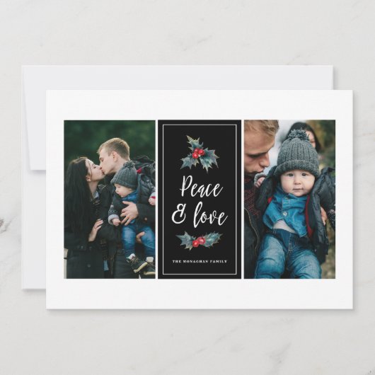 3 foto Elegant geschilderd Holly | Peace Love Zwar Feestdagenkaart (Voorkant)
