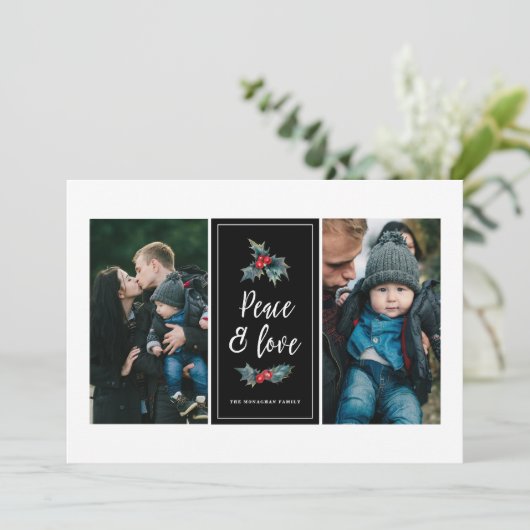 3 foto Elegant geschilderd Holly | Peace Love Zwar Feestdagenkaart (Staand voorkant)