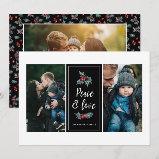 3 foto Elegant geschilderd Holly | Peace Love Zwar Feestdagenkaart (Voorkant / Achterkant)