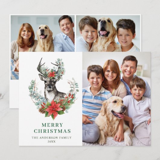 3 FOTO Elegant Kerstmis Deer Poinsettia Greep Feestdagenkaart (Voorkant / Achterkant)