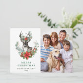 3 FOTO Elegant Kerstmis Deer Poinsettia Greep Feestdagenkaart (Staand voorkant)