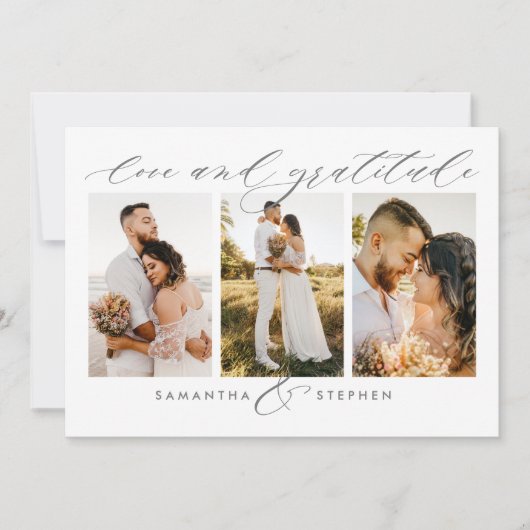 3-Foto Elegant Script Love and Gratitude Wedding Bedankkaart (Voorkant)