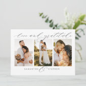 3-Foto Elegant Script Love and Gratitude Wedding Bedankkaart (Staand voorkant)