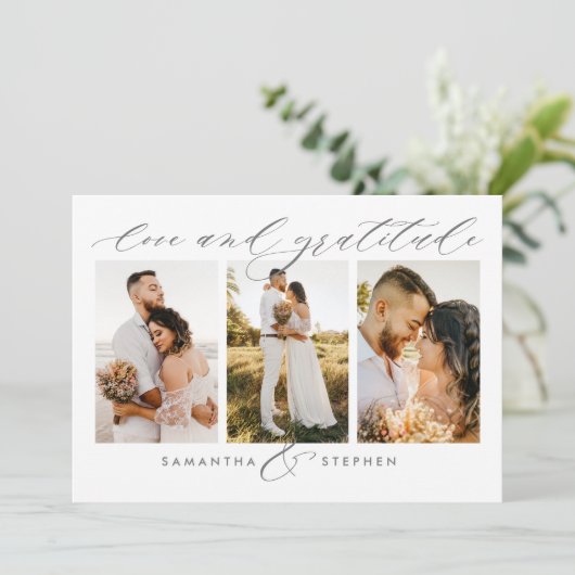 3-Foto Elegant Script Love and Gratitude Wedding Bedankkaart (Staand voorkant)