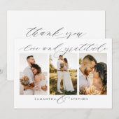 3-Foto Elegant Script Love and Gratitude Wedding Bedankkaart (Voorkant / Achterkant)