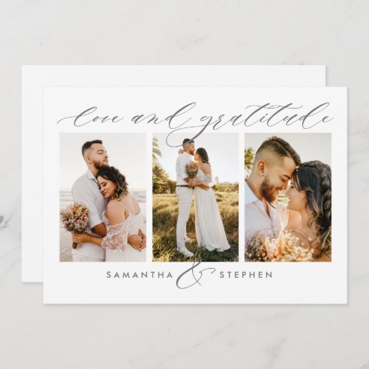 3-Foto Elegant Script Love and Gratitude Wedding Bedankkaart (Voorkant / Achterkant)