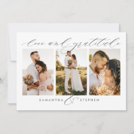 3-Foto Elegant Script Love and Gratitude Wedding Bedankkaart