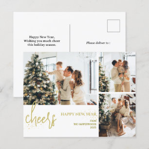 3 Foto Elegant Script Modern Gelukkig Nieuwjaar Feestdagenkaart