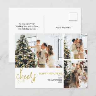 3 Foto Elegant Script Modern Gelukkig Nieuwjaar Feestdagenkaart