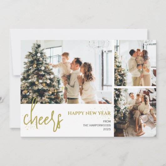 3 Foto Elegant Script Modern Gelukkig Nieuwjaar Feestdagenkaart (Voorkant)
