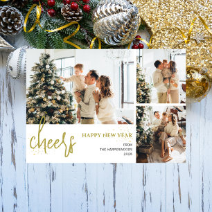 3 Foto Elegant Script Modern Gelukkig Nieuwjaar Feestdagenkaart